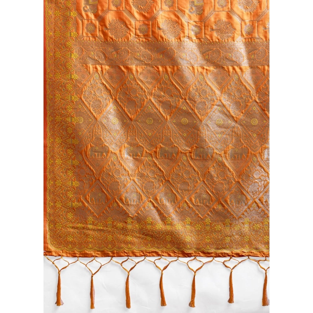 Women's Silk Blend Printed Saree With Unstitched Blouse 5.5Mtr (Orange)