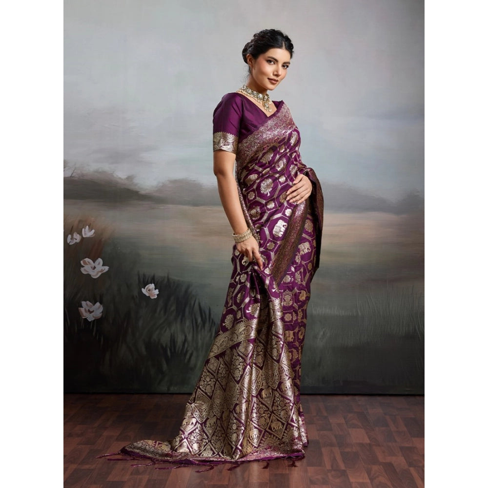 Women's Silk Blend Printed Saree With Unstitched Blouse 5.5Mtr (Wine)