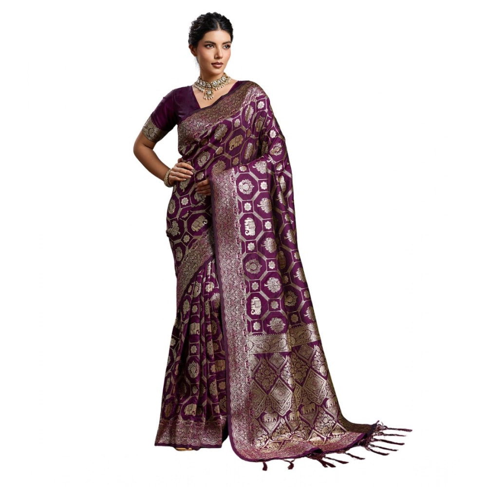 Women's Silk Blend Printed Saree With Unstitched Blouse 5.5Mtr (Wine)