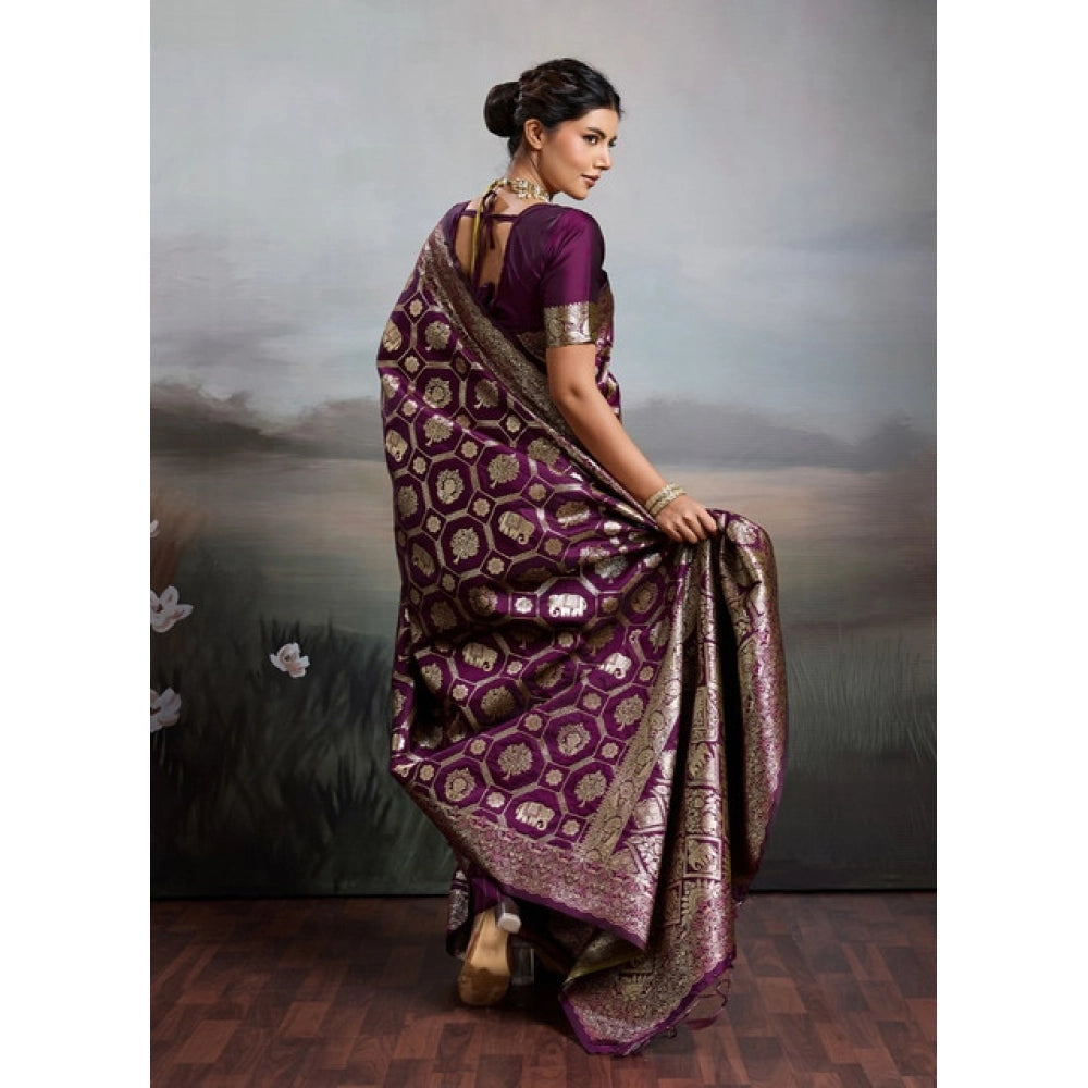 Women's Silk Blend Printed Saree With Unstitched Blouse 5.5Mtr (Wine)