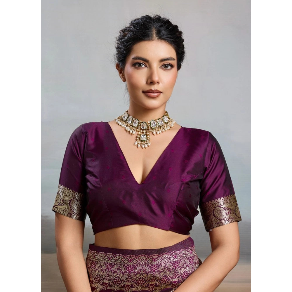 Women's Silk Blend Printed Saree With Unstitched Blouse 5.5Mtr (Wine)