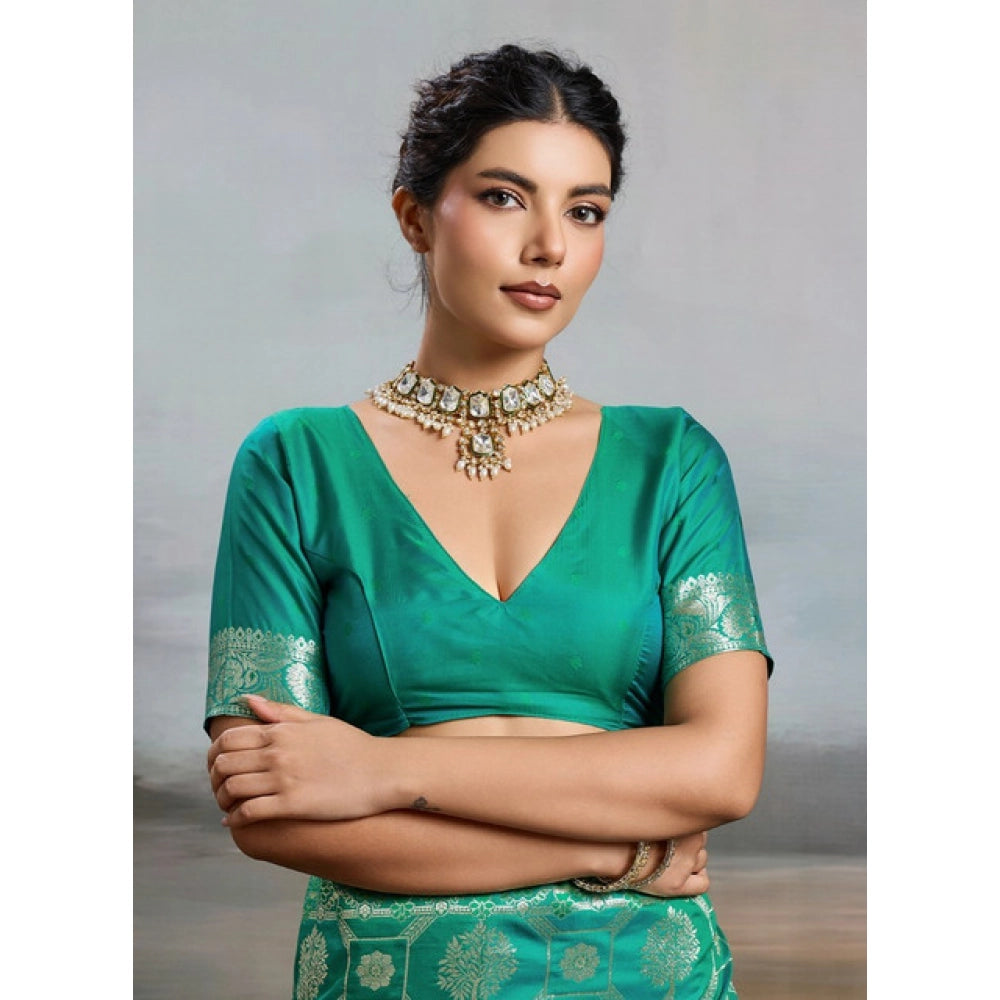 Women's Silk Blend Printed Saree With Unstitched Blouse 5.5Mtr (Rama Green)