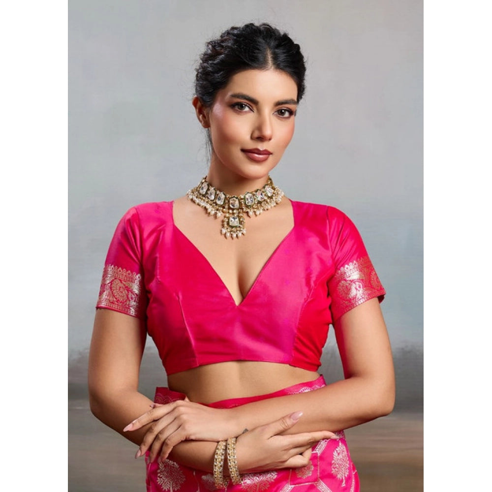 Women's Silk Blend Printed Saree With Unstitched Blouse 5.5Mtr (Pink)