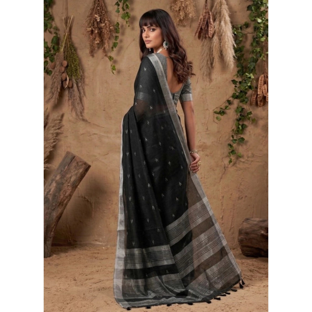 Women's Linen Cotton Printed Saree With Unstitched Blouse 5.5Mtr (Black)