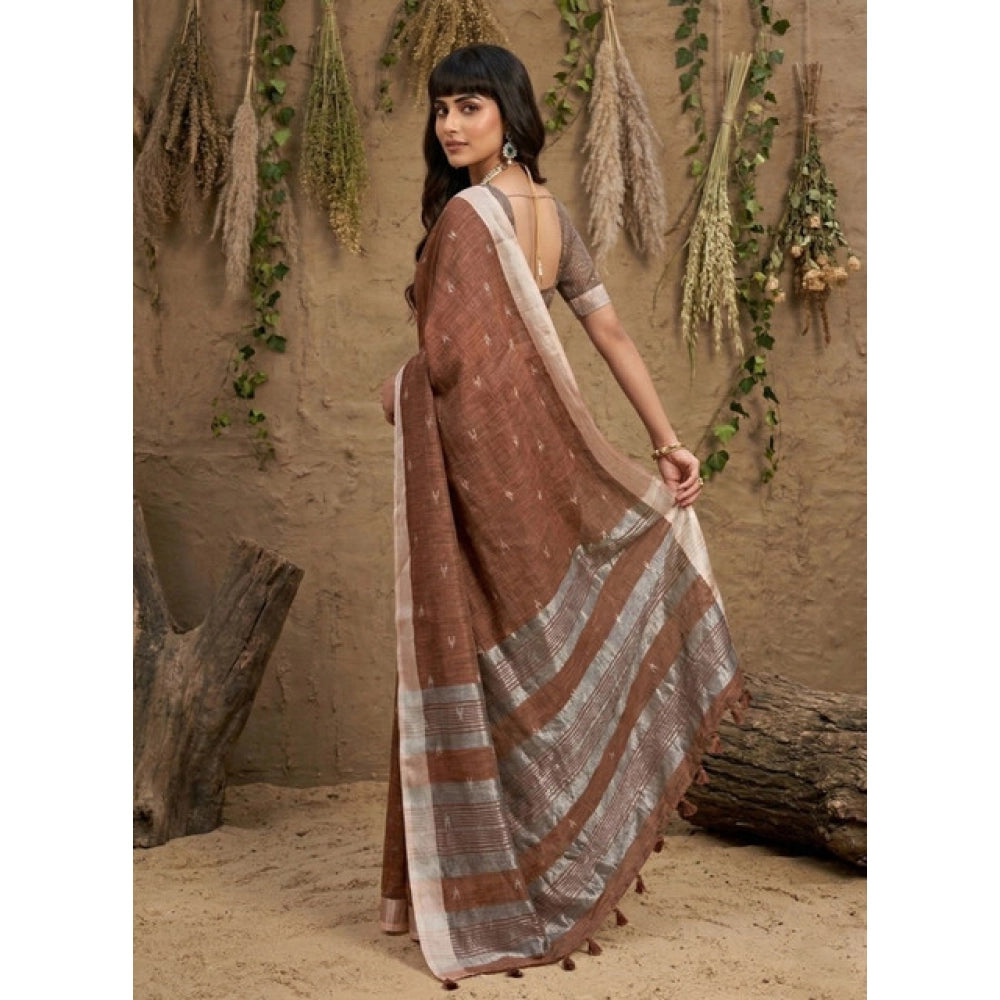 Women's Linen Cotton Printed Saree With Unstitched Blouse 5.5Mtr (Brown)