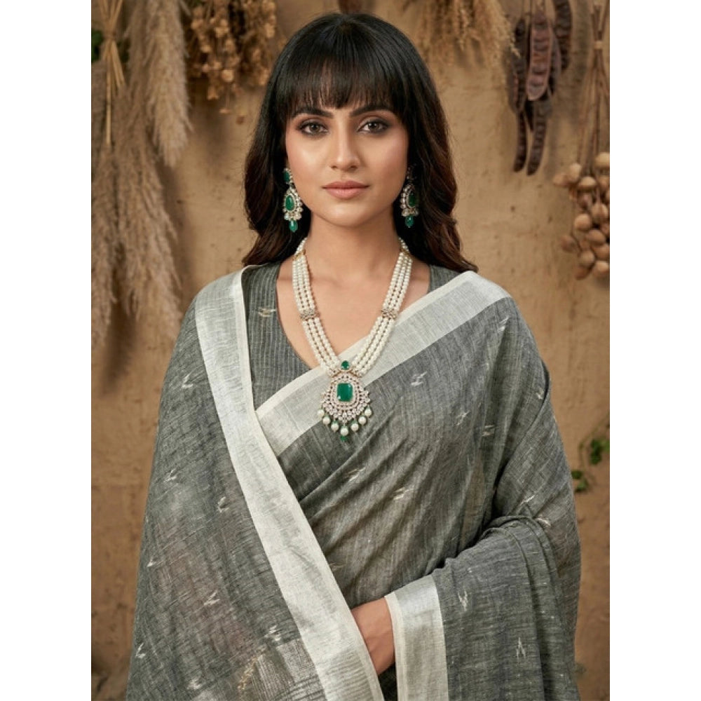 Women's Linen Cotton Printed Saree With Unstitched Blouse 5.5Mtr (Gray)