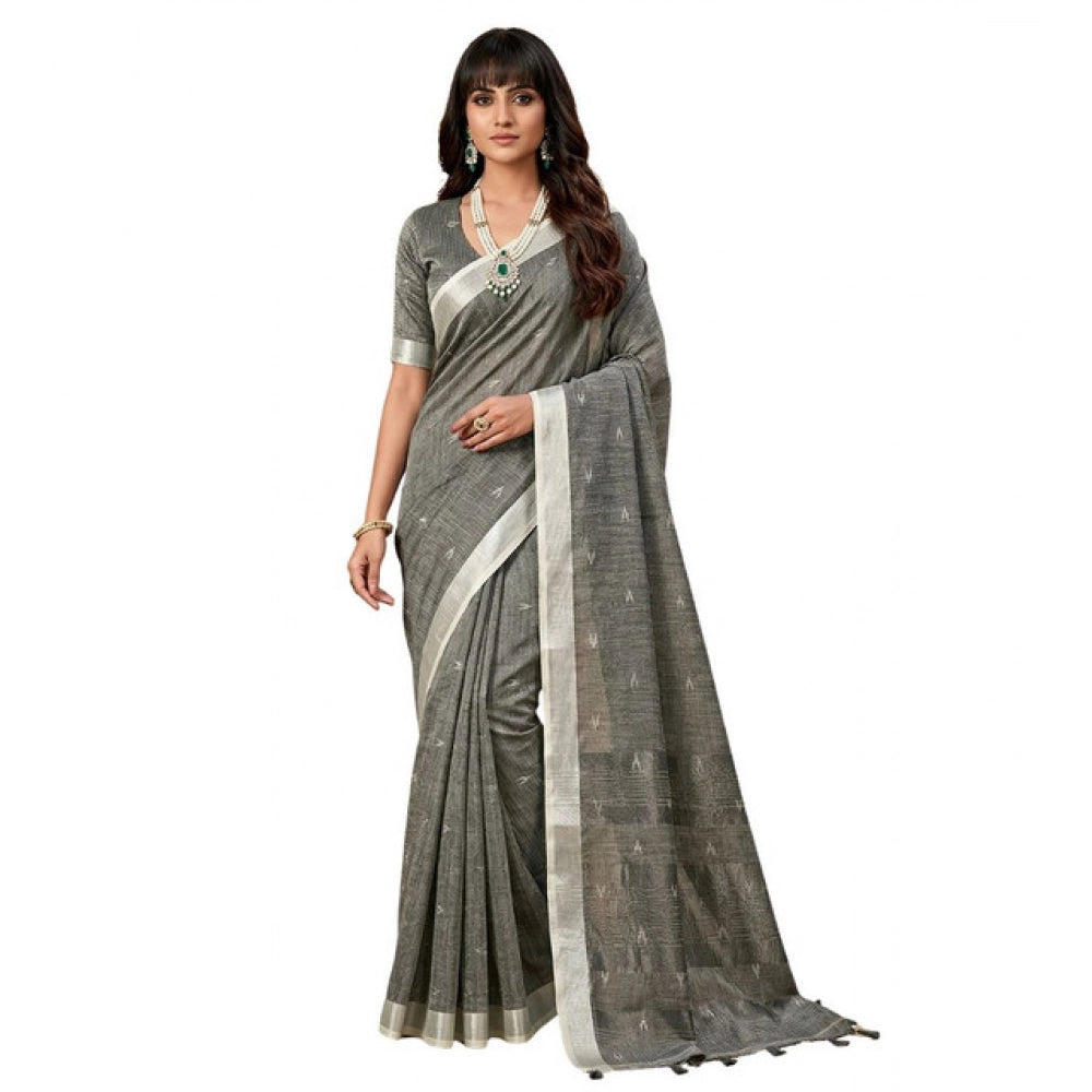 Women's Linen Cotton Printed Saree With Unstitched Blouse 5.5Mtr (Gray)