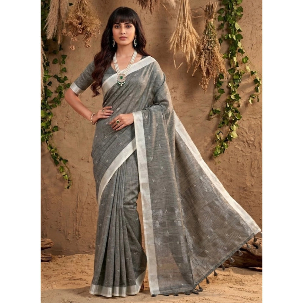 Women's Linen Cotton Printed Saree With Unstitched Blouse 5.5Mtr (Gray)