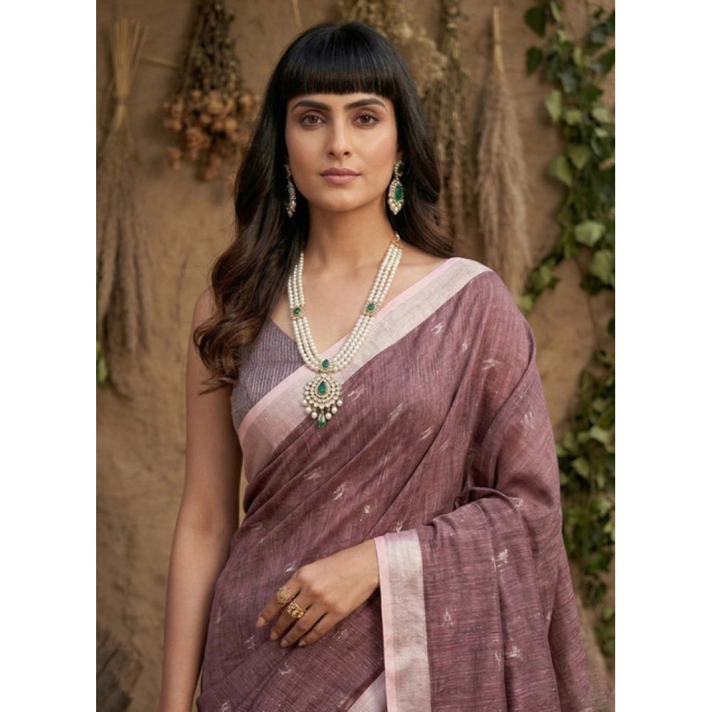 Women's Linen Cotton Printed Saree With Unstitched Blouse 5.5Mtr (Purple)