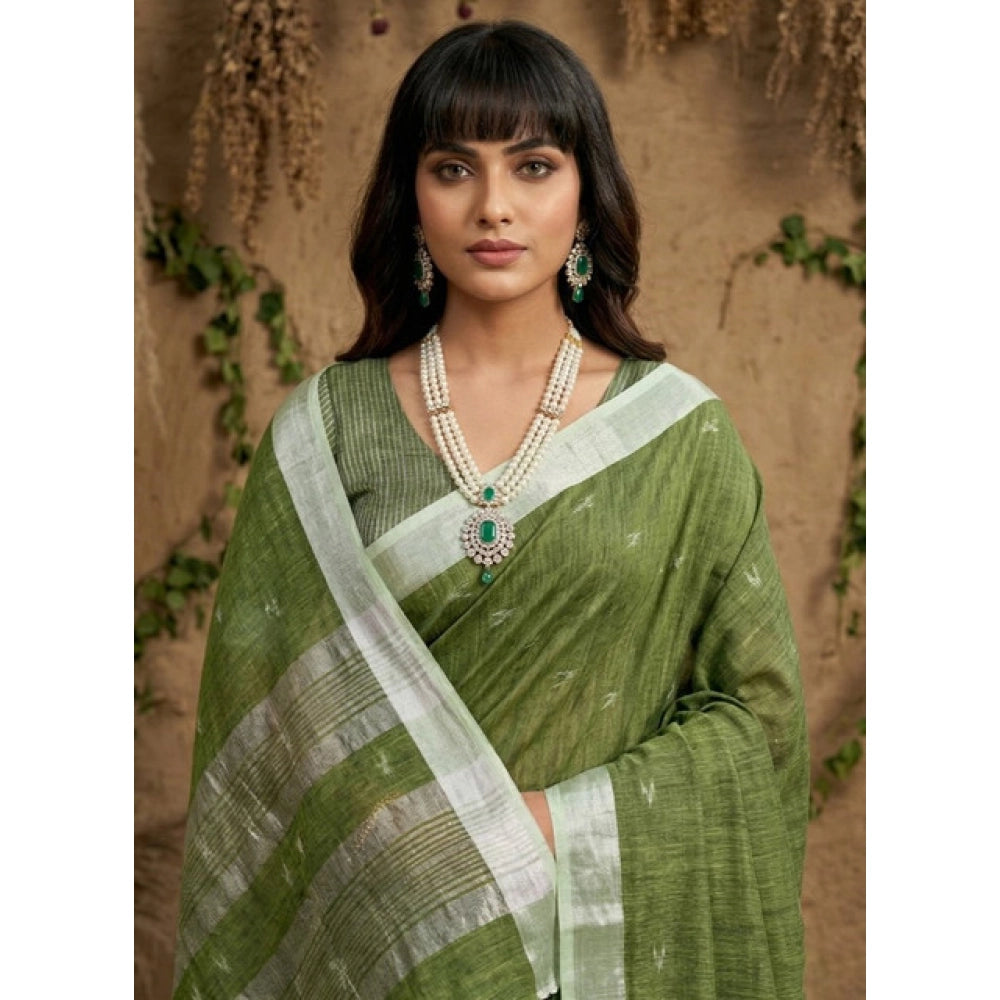 Women's Linen Cotton Printed Saree With Unstitched Blouse 5.5Mtr (Green)