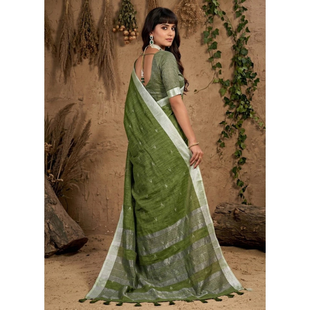 Women's Linen Cotton Printed Saree With Unstitched Blouse 5.5Mtr (Green)