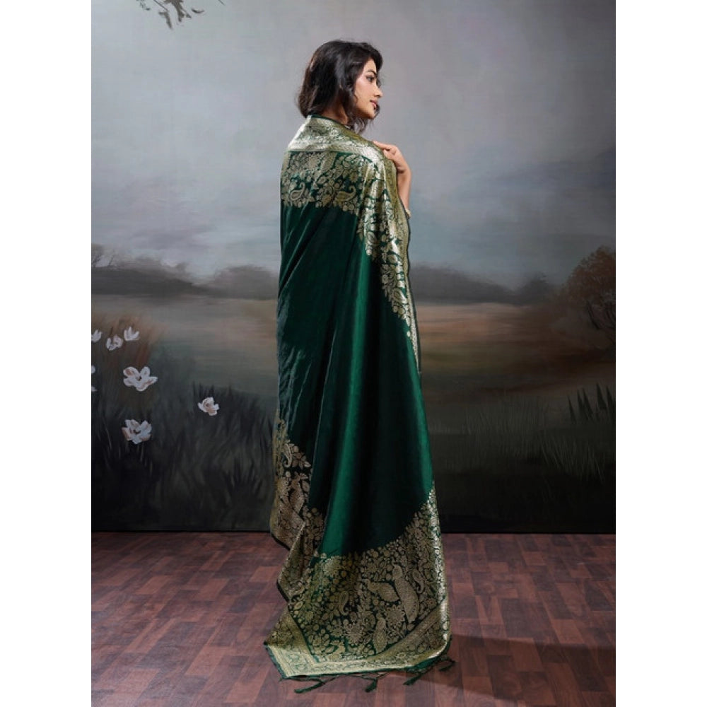Women's Silk Blend Printed Saree With Unstitched Blouse 5.5Mtr (Dark Green)