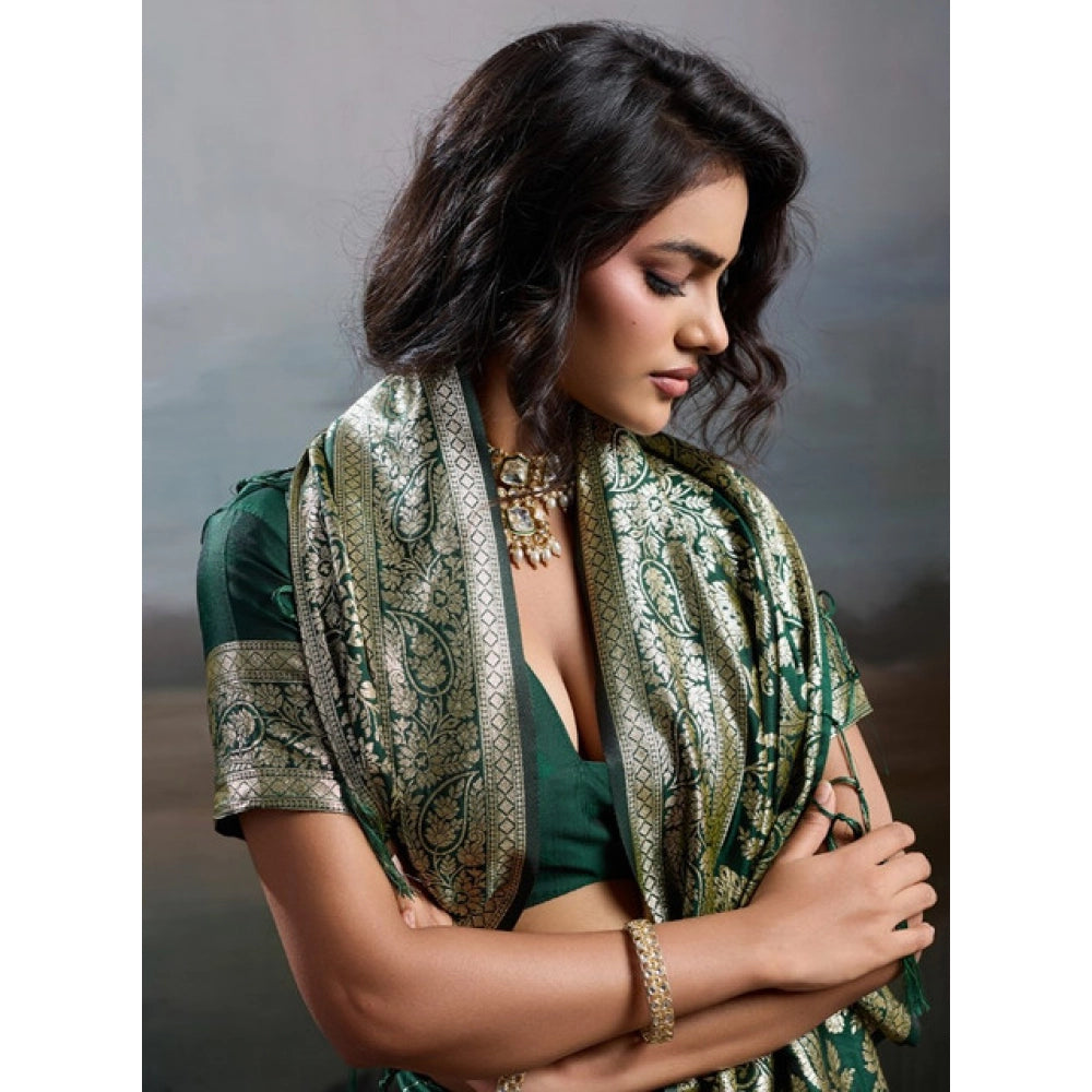 Women's Silk Blend Printed Saree With Unstitched Blouse 5.5Mtr (Dark Green)