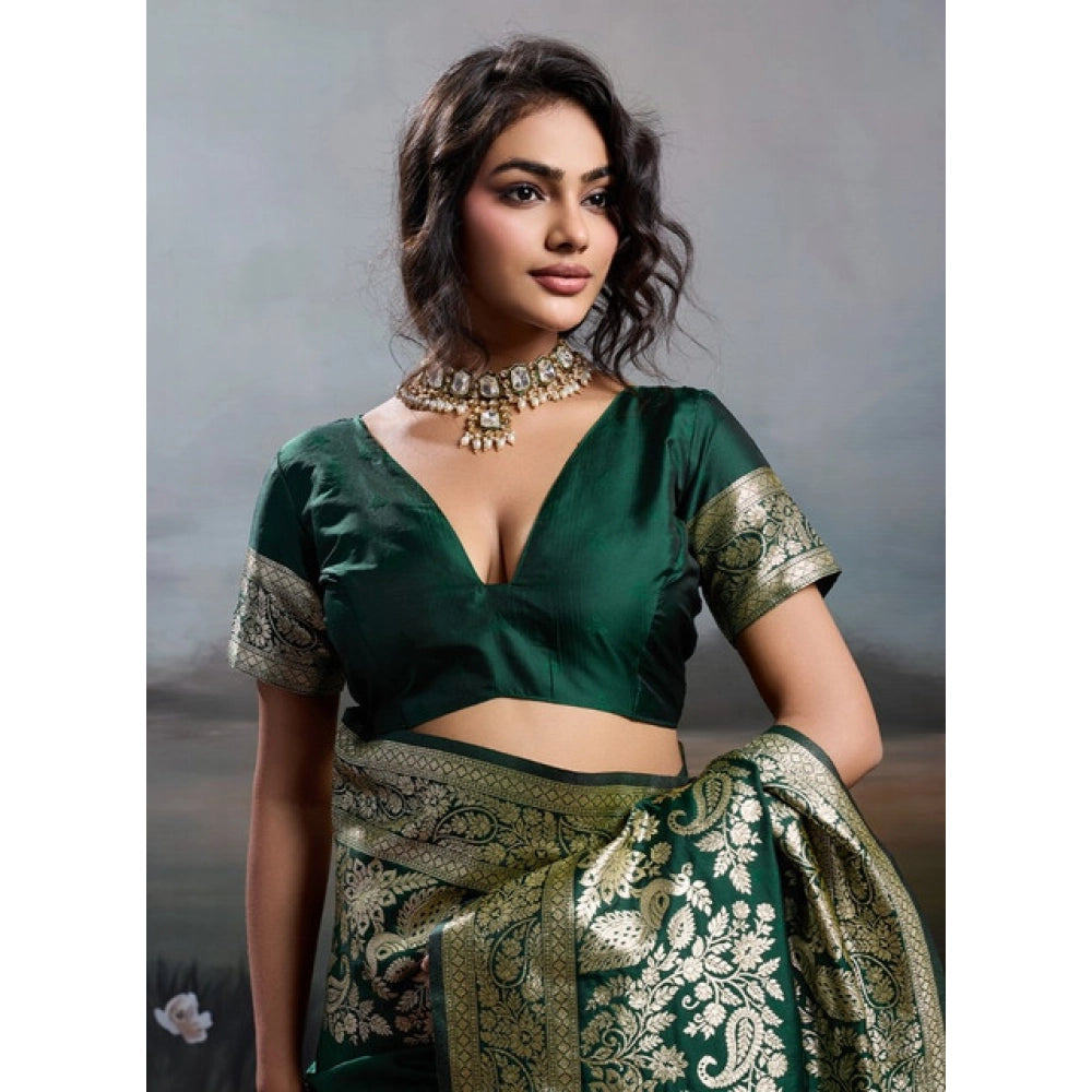 Women's Silk Blend Printed Saree With Unstitched Blouse 5.5Mtr (Dark Green)