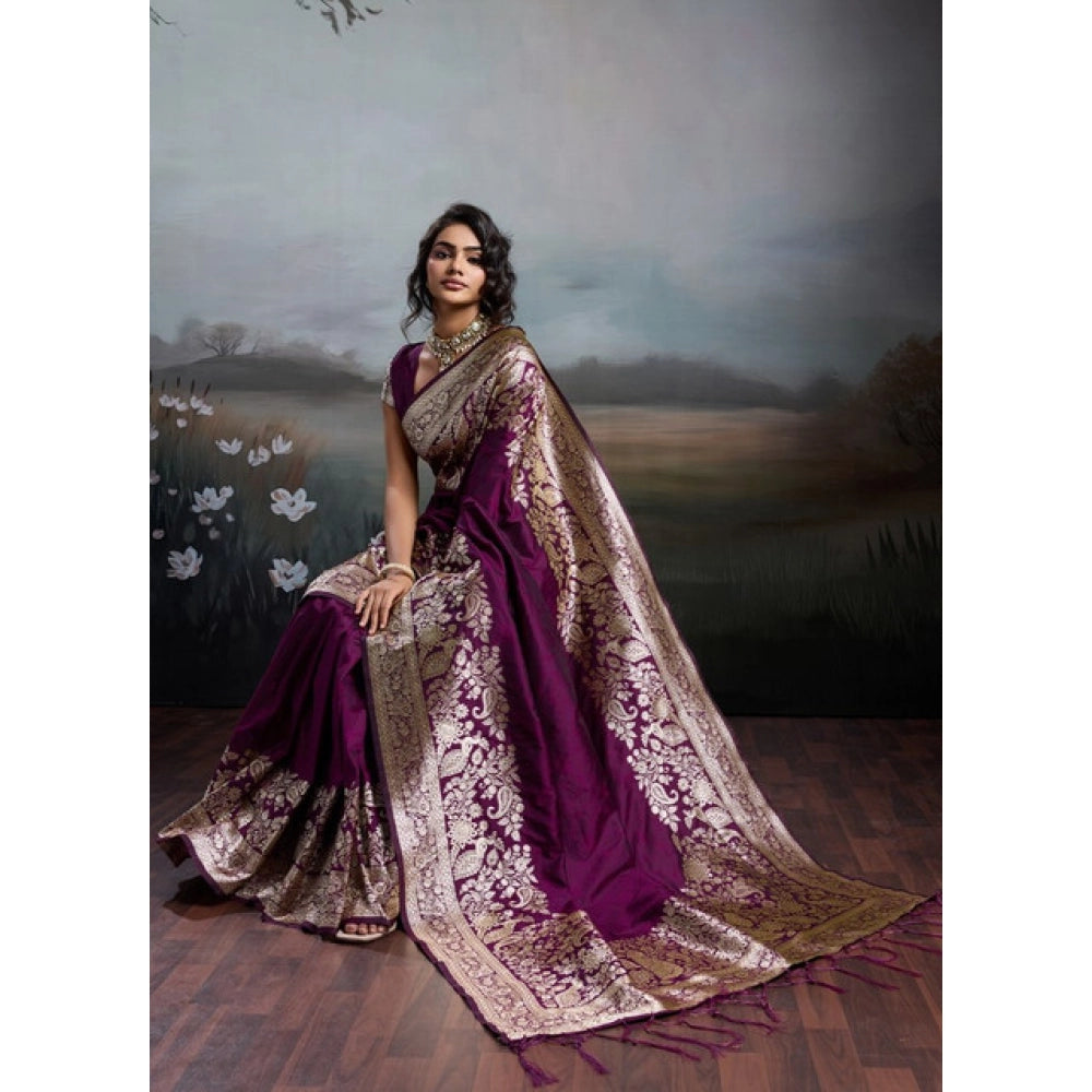Women's Silk Blend Printed Saree With Unstitched Blouse 5.5Mtr (Wine)