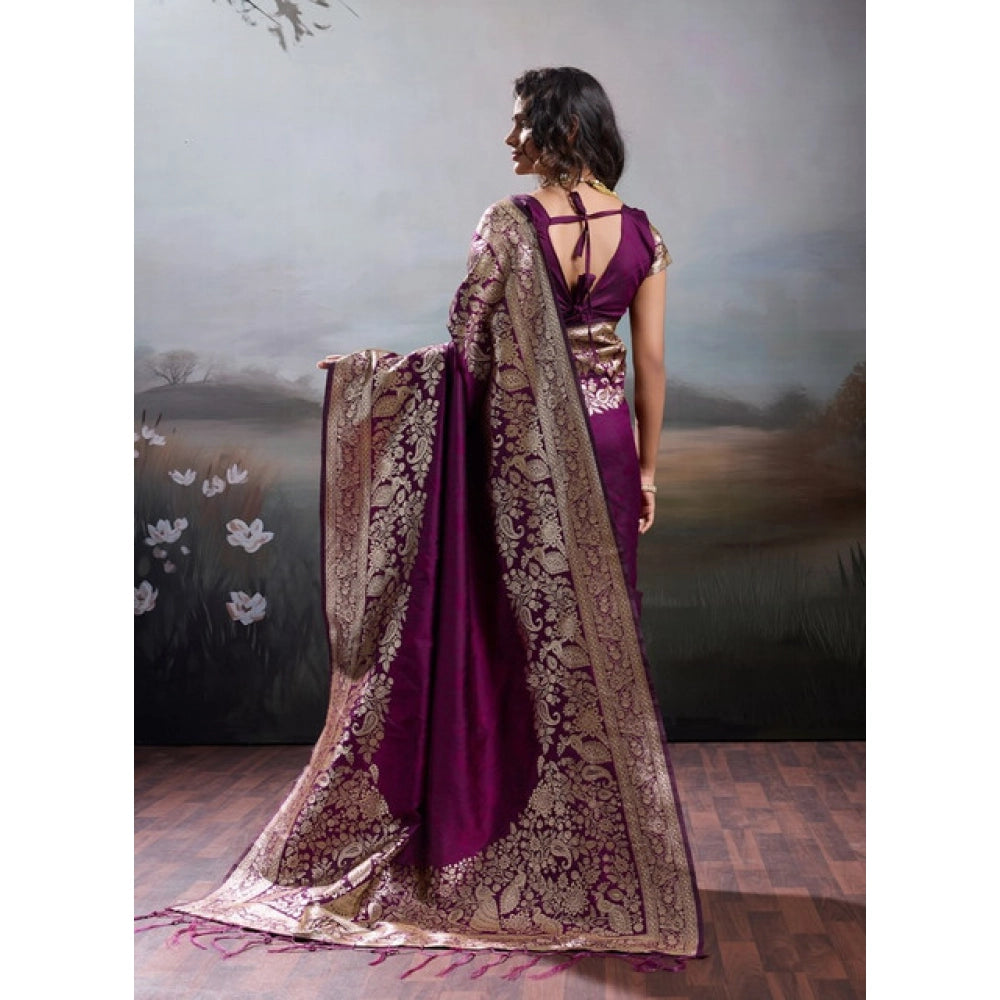 Women's Silk Blend Printed Saree With Unstitched Blouse 5.5Mtr (Wine)