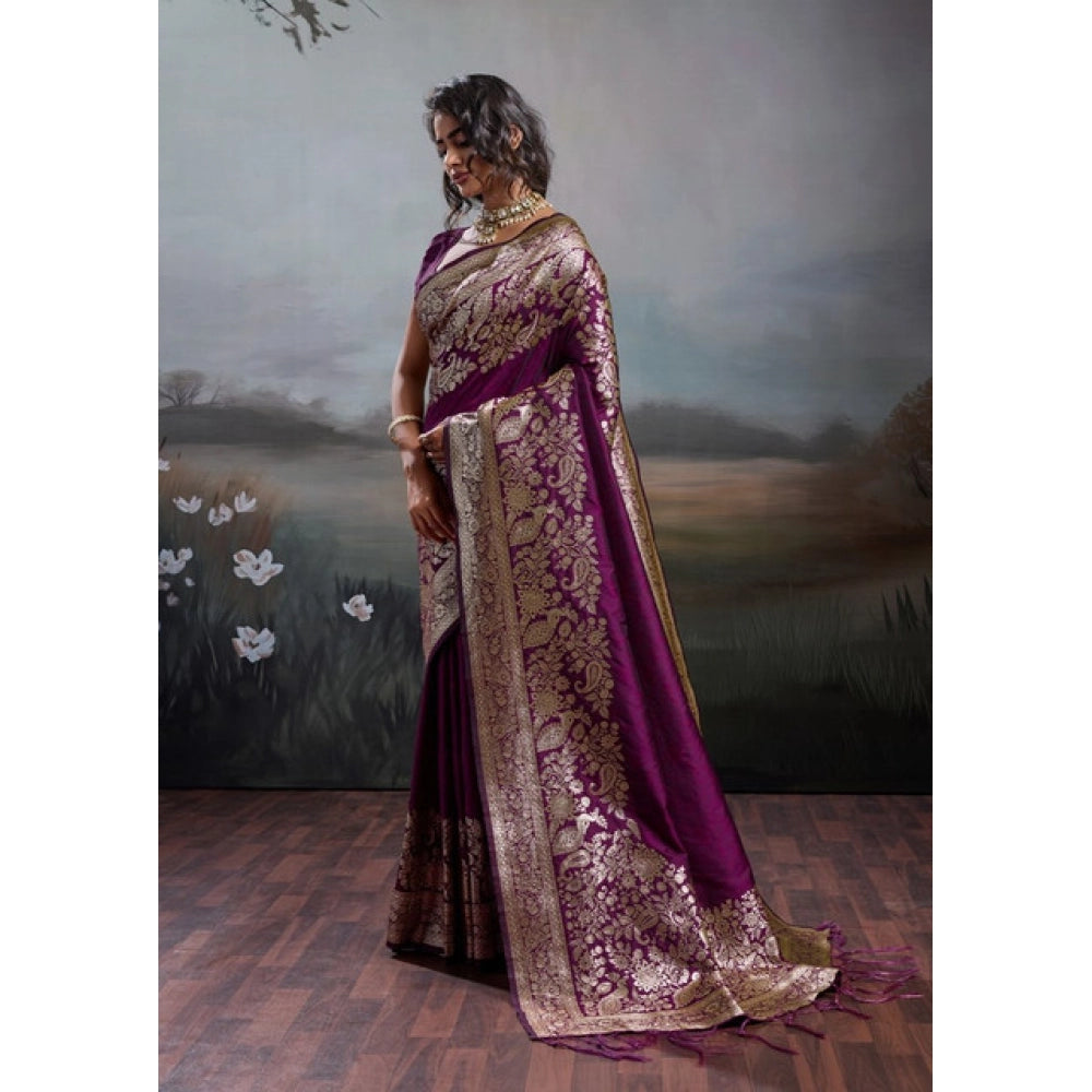 Women's Silk Blend Printed Saree With Unstitched Blouse 5.5Mtr (Wine)