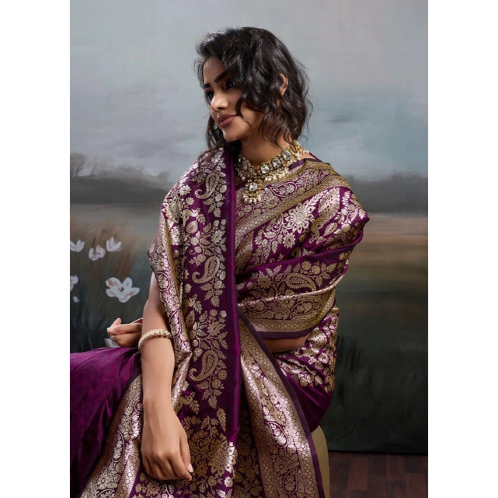 Women's Silk Blend Printed Saree With Unstitched Blouse 5.5Mtr (Wine)