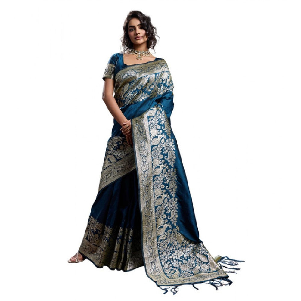 Women's Silk Blend Printed Saree With Unstitched Blouse 5.5Mtr (Navy Blue)