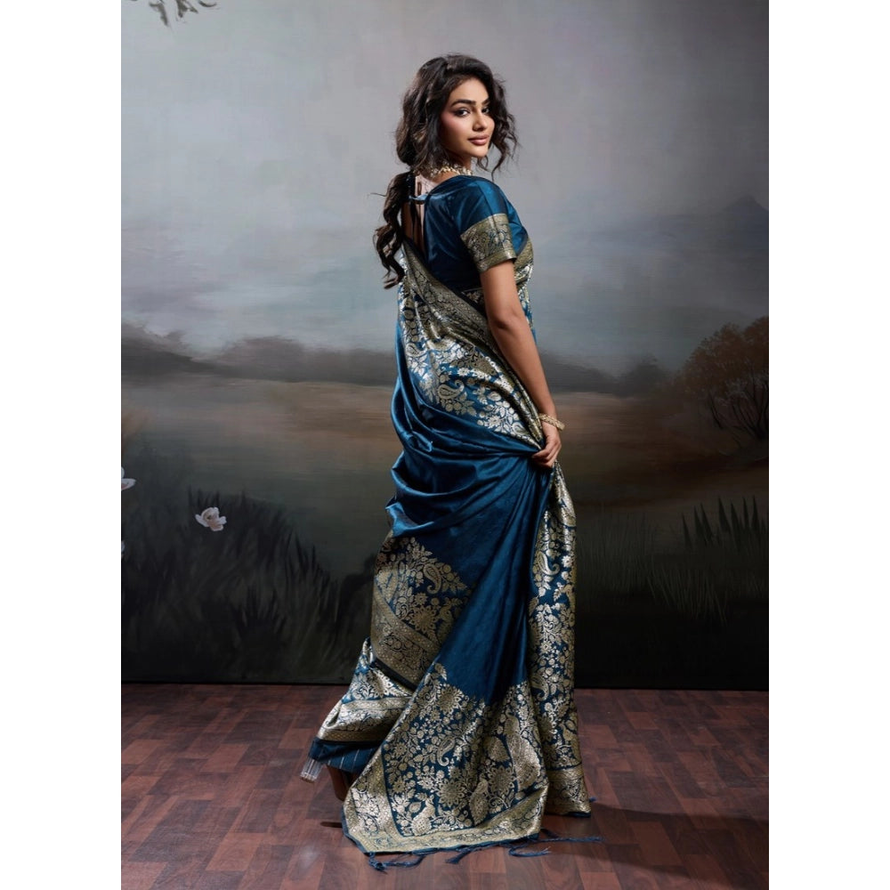 Women's Silk Blend Printed Saree With Unstitched Blouse 5.5Mtr (Navy Blue)