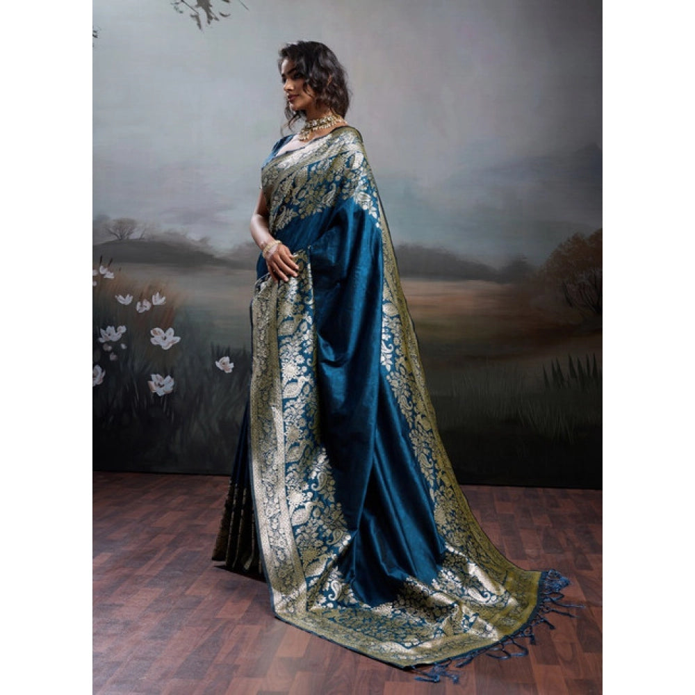 Women's Silk Blend Printed Saree With Unstitched Blouse 5.5Mtr (Navy Blue)