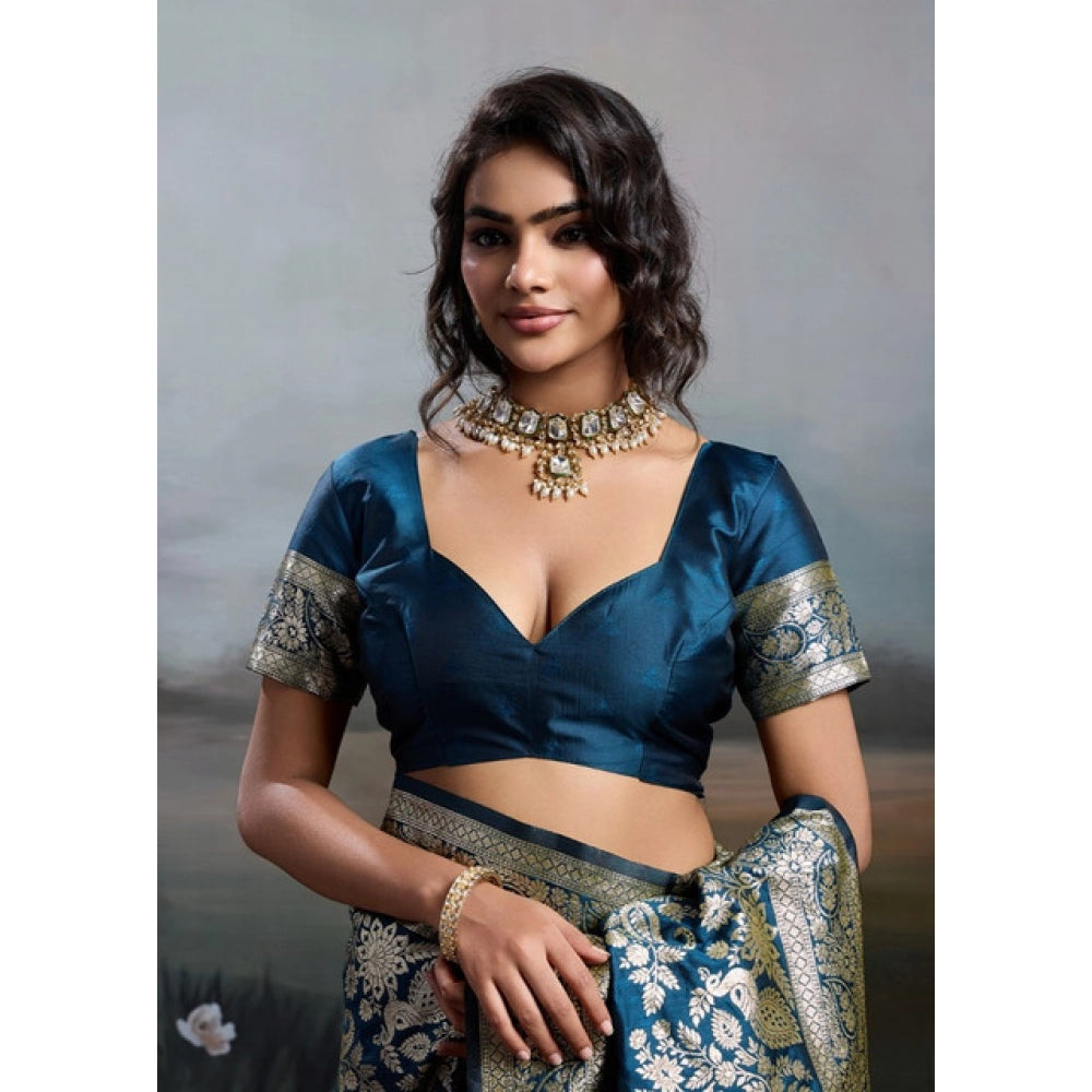 Women's Silk Blend Printed Saree With Unstitched Blouse 5.5Mtr (Navy Blue)