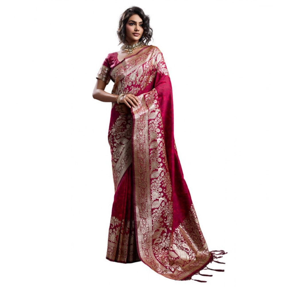 Women's Silk Blend Printed Saree With Unstitched Blouse 5.5Mtr (Maroon)