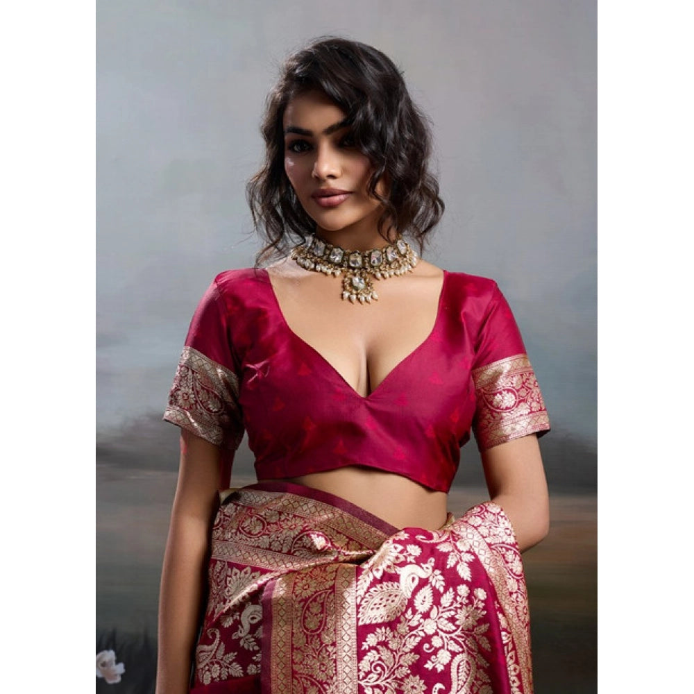 Women's Silk Blend Printed Saree With Unstitched Blouse 5.5Mtr (Maroon)