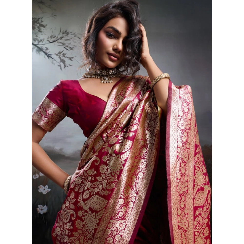 Women's Silk Blend Printed Saree With Unstitched Blouse 5.5Mtr (Maroon)