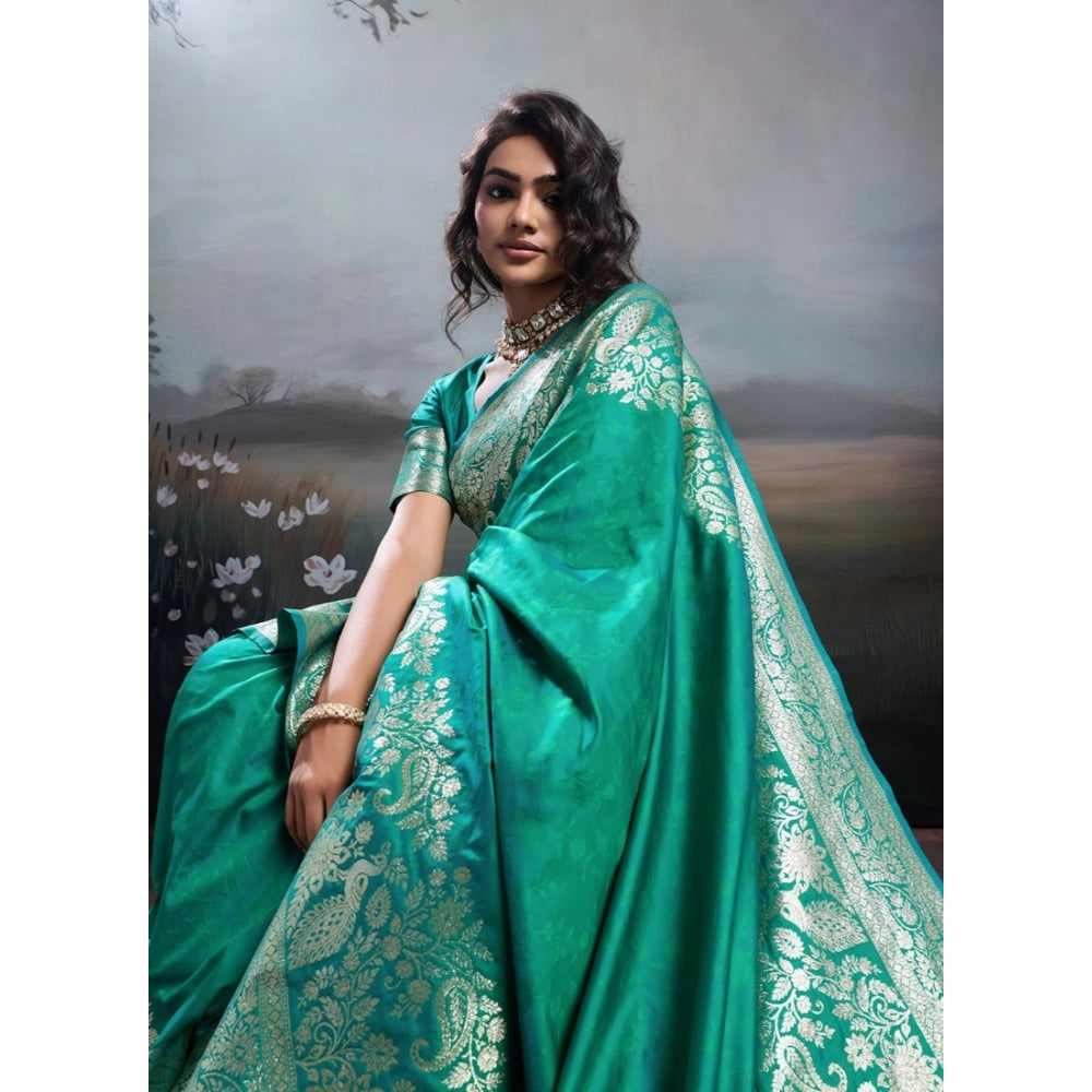 Women's Silk Blend Printed Saree With Unstitched Blouse 5.5Mtr (Teal Green)