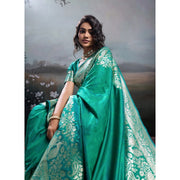 Women's Silk Blend Printed Saree With Unstitched Blouse 5.5Mtr (Teal Green)