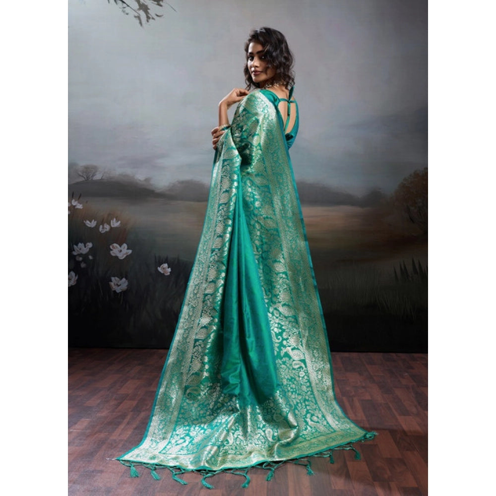Women's Silk Blend Printed Saree With Unstitched Blouse 5.5Mtr (Teal Green)