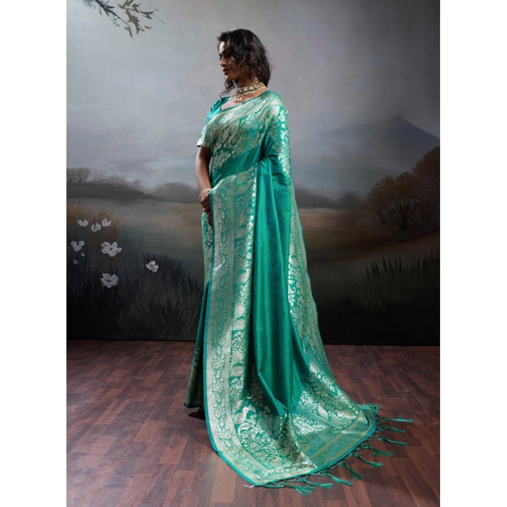 Women's Silk Blend Printed Saree With Unstitched Blouse 5.5Mtr (Teal Green)