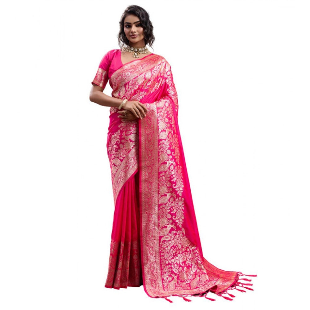 Women's Silk Blend Printed Saree With Unstitched Blouse 5.5Mtr (Pink)