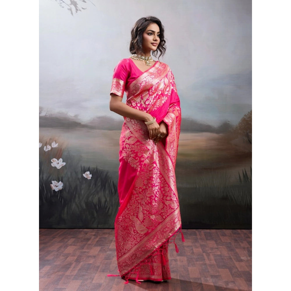 Women's Silk Blend Printed Saree With Unstitched Blouse 5.5Mtr (Pink)