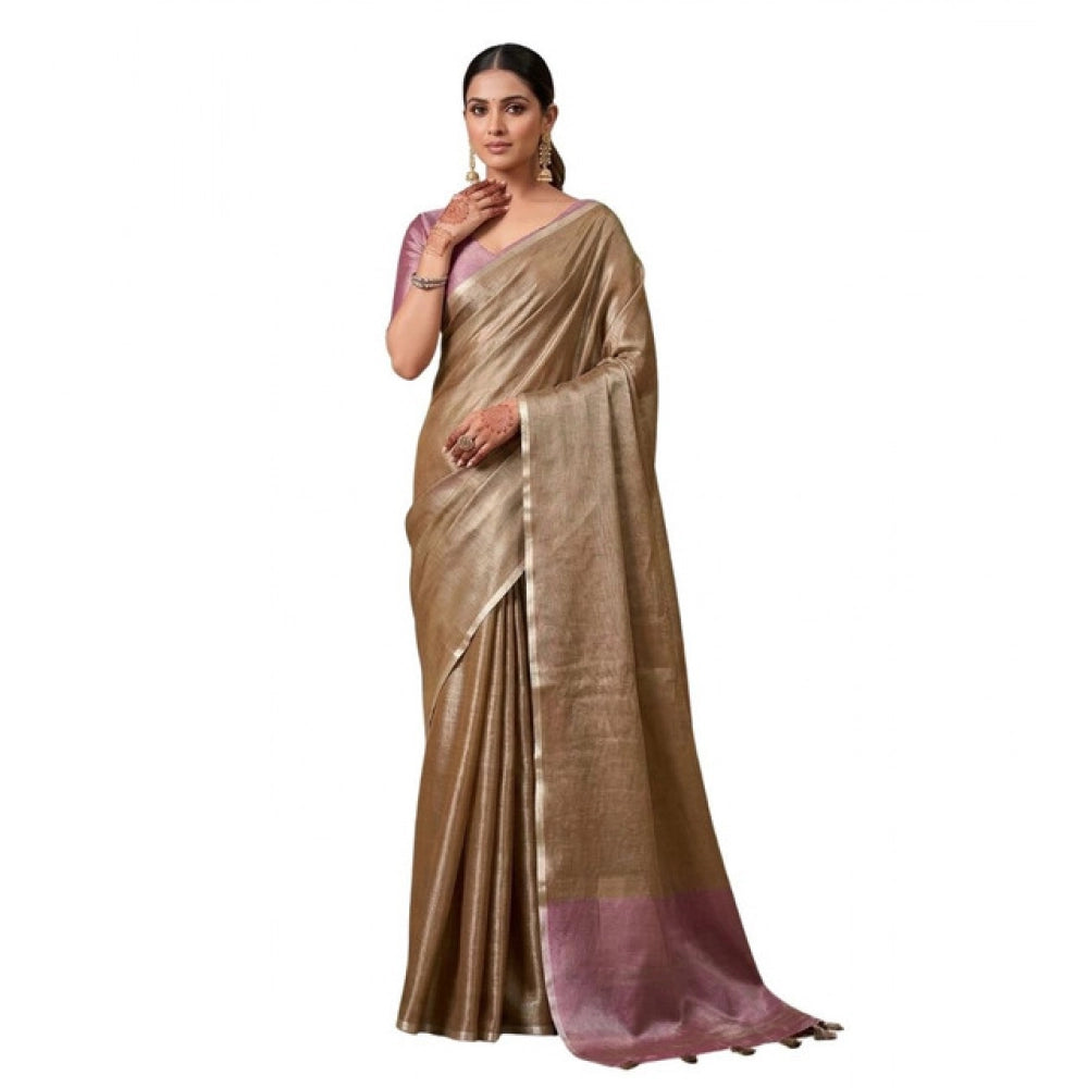 Women's Tissue Silk Solid Saree With Unstitched Blouse 5.5Mtr (Brown)