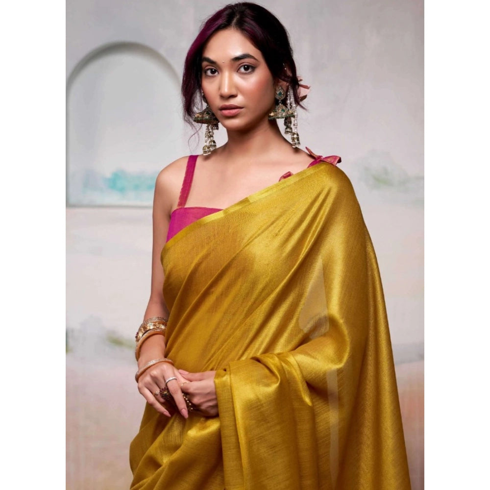Women's Tissue Silk Solid Saree With Unstitched Blouse 5.5Mtr (Yellow)