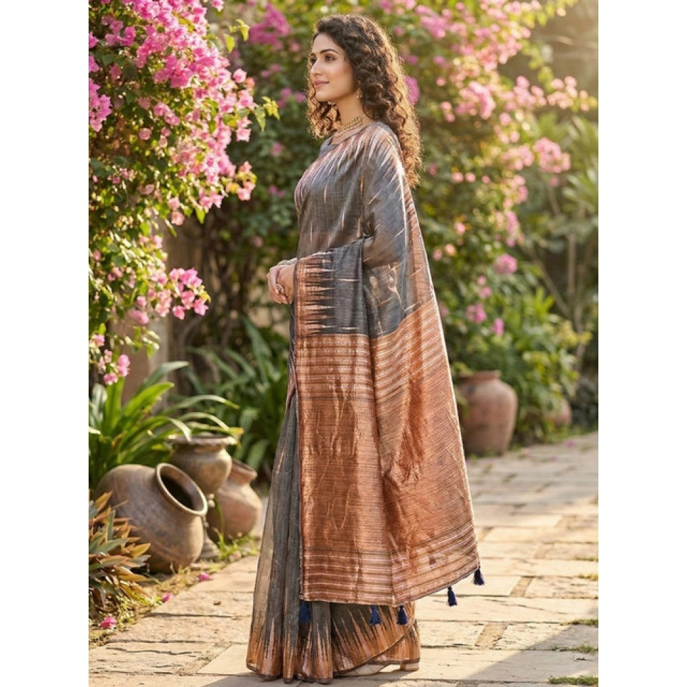 Women's Linen Cotton Printed Saree With Unstitched Blouse 5.5Mtr (Grey)