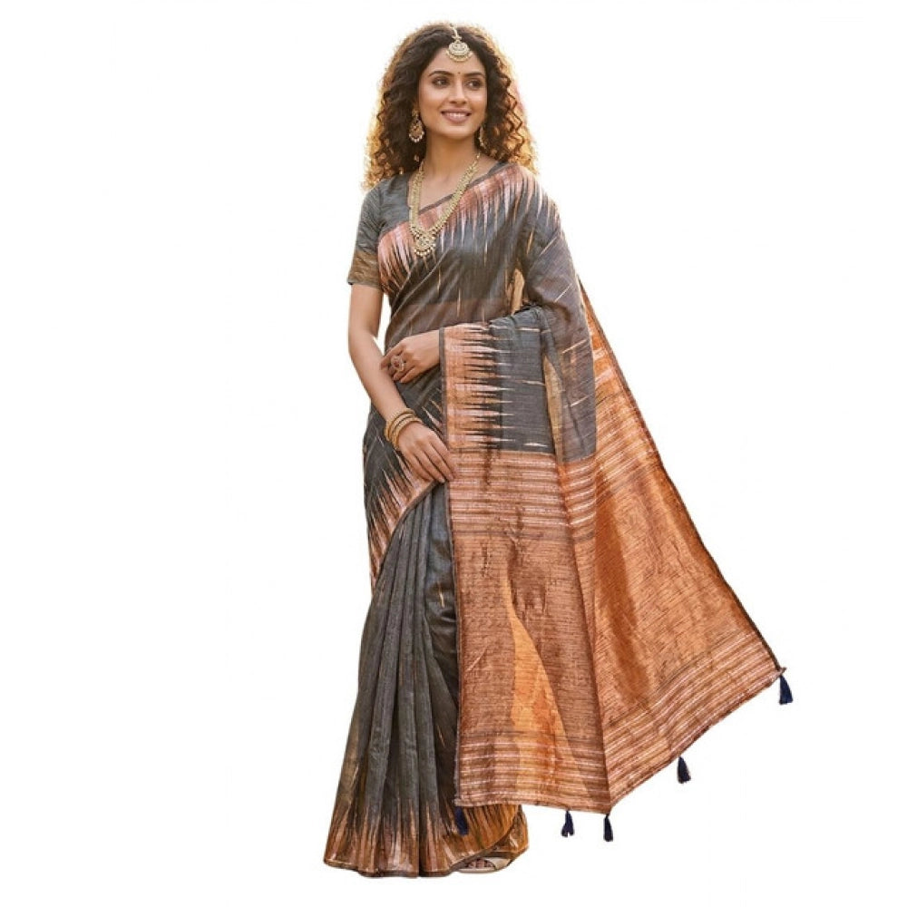 Women's Linen Cotton Printed Saree With Unstitched Blouse 5.5Mtr (Grey)