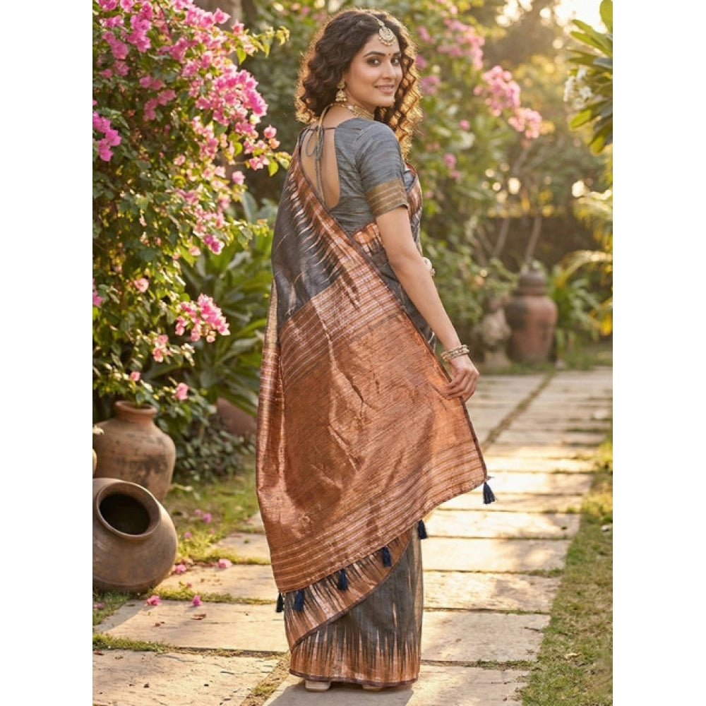 Women's Linen Cotton Printed Saree With Unstitched Blouse 5.5Mtr (Grey)