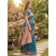 Women's Linen Cotton Printed Saree With Unstitched Blouse 5.5Mtr (Blue)