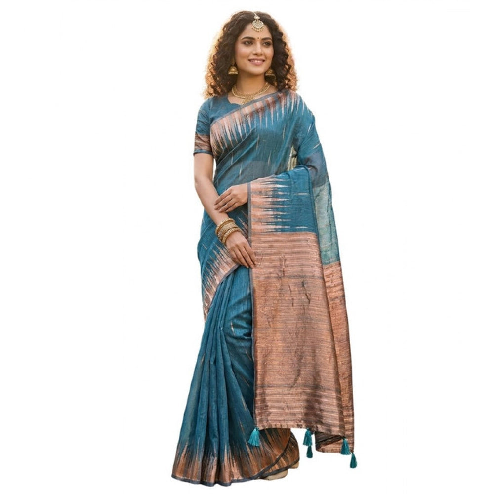 Women's Linen Cotton Printed Saree With Unstitched Blouse 5.5Mtr (Blue)