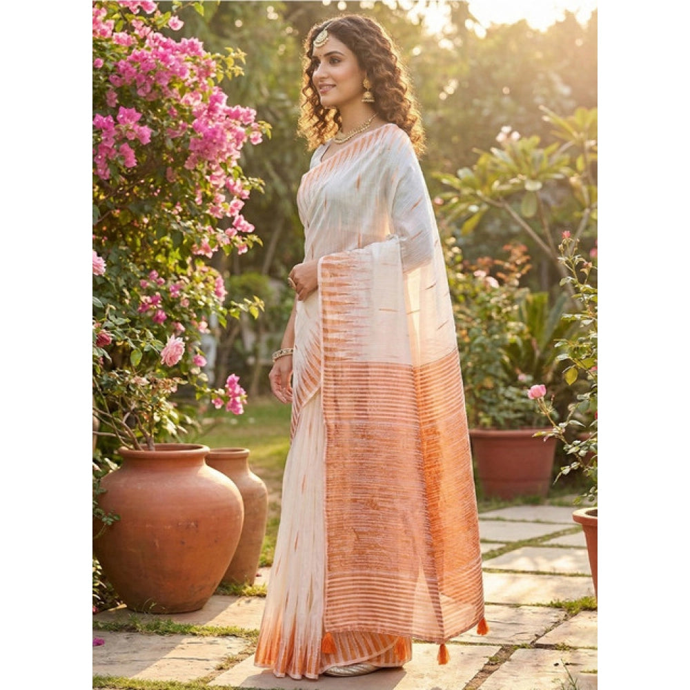 Women's Linen Cotton Printed Saree With Unstitched Blouse 5.5Mtr (White)