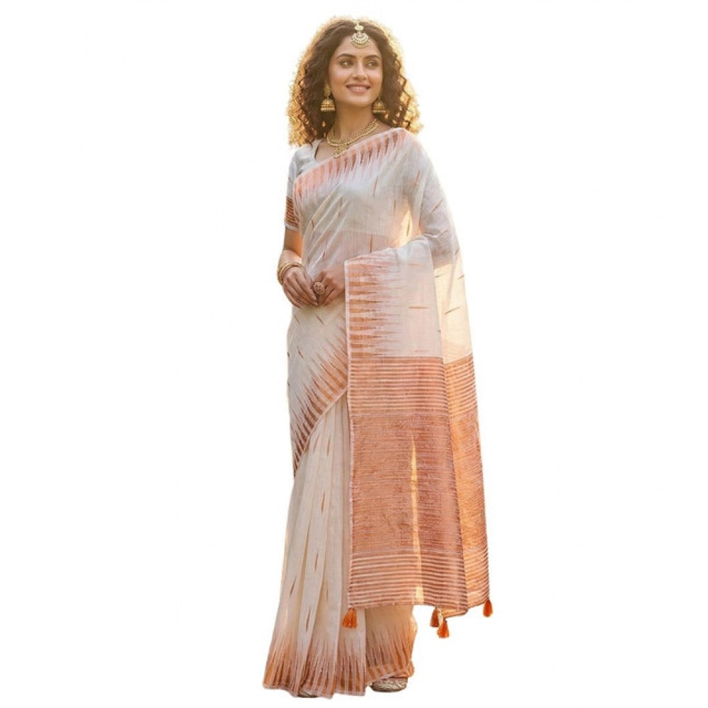 Women's Linen Cotton Printed Saree With Unstitched Blouse 5.5Mtr (White)