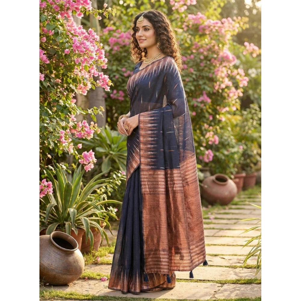 Women's Linen Cotton Printed Saree With Unstitched Blouse 5.5Mtr (Navy Blue)