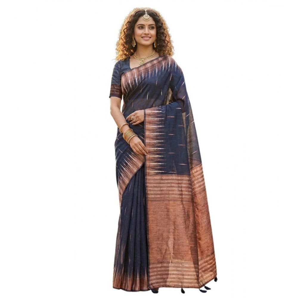Women's Linen Cotton Printed Saree With Unstitched Blouse 5.5Mtr (Navy Blue)