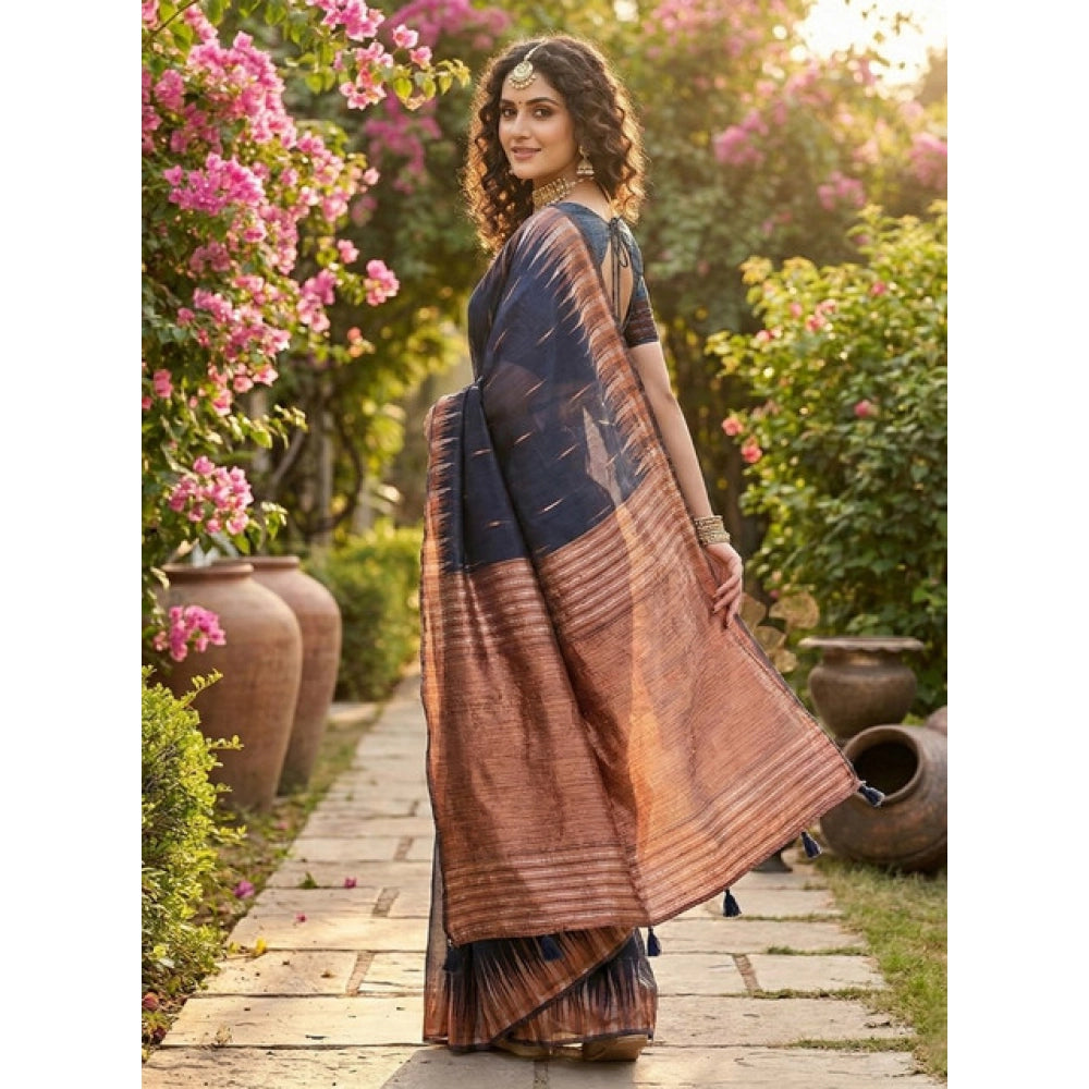 Women's Linen Cotton Printed Saree With Unstitched Blouse 5.5Mtr (Navy Blue)