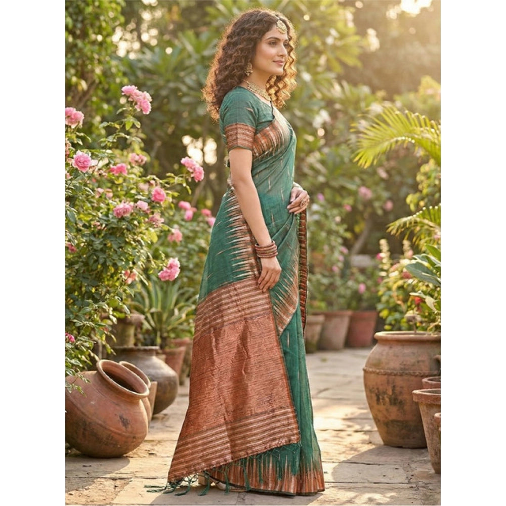 Women's Linen Cotton Printed Saree With Unstitched Blouse 5.5Mtr (Green)