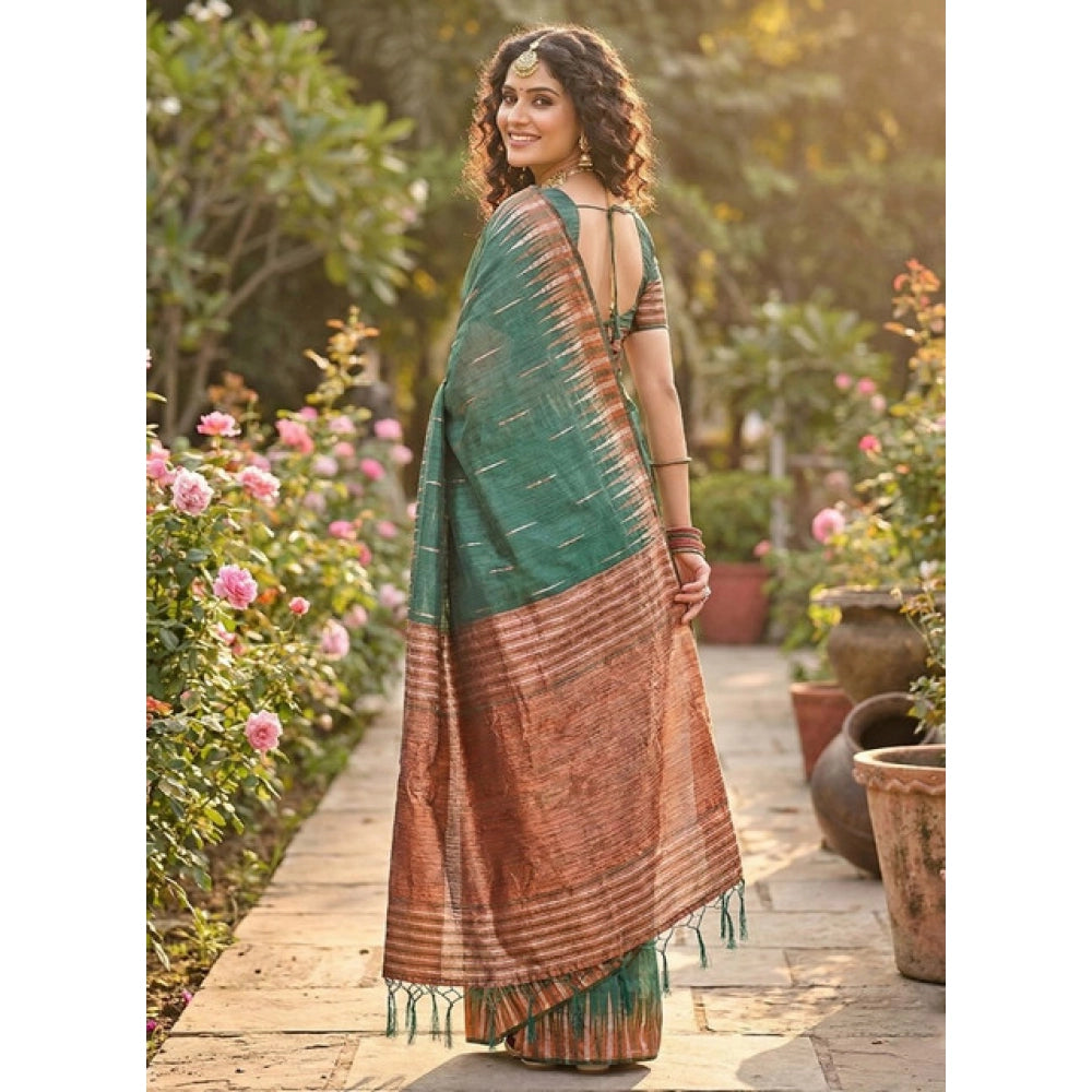 Women's Linen Cotton Printed Saree With Unstitched Blouse 5.5Mtr (Green)