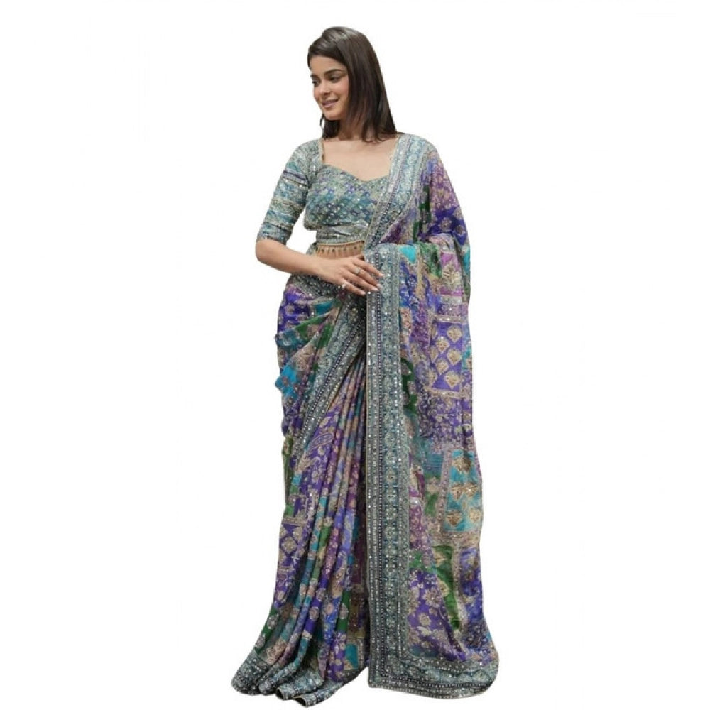 Women's Chiffon Embellished Saree With Unstitched Blouse 5.5Mtr (Multicolor)